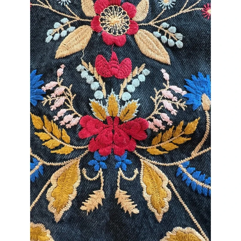 Topshop Moto Black‎ Denim Floral Embroidered Mini Skirt Boho Size 4